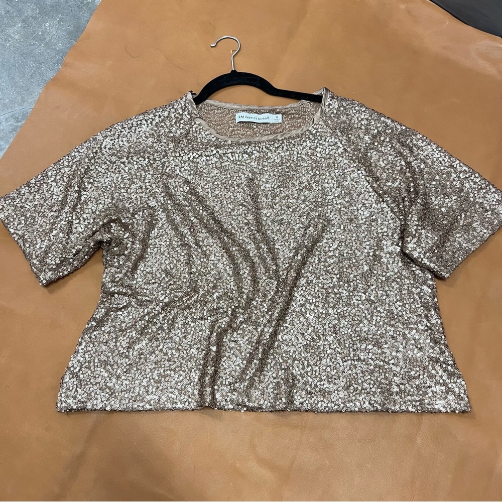Rebecca Minkoff Glittering Short Sleeve Top M Gold Sequin